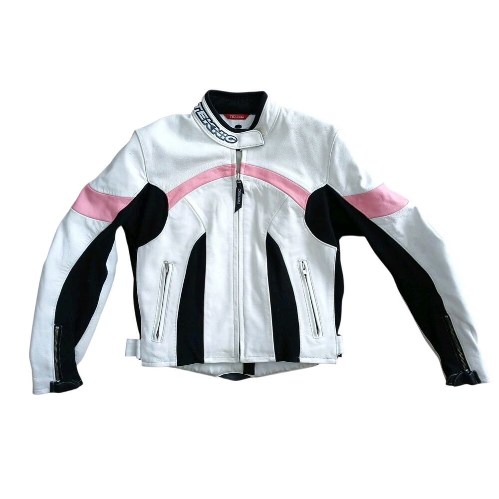 RARE Teknic Leather Motorcycle Jacket Womens Sz 8 Leather White Pink Sporty Moto